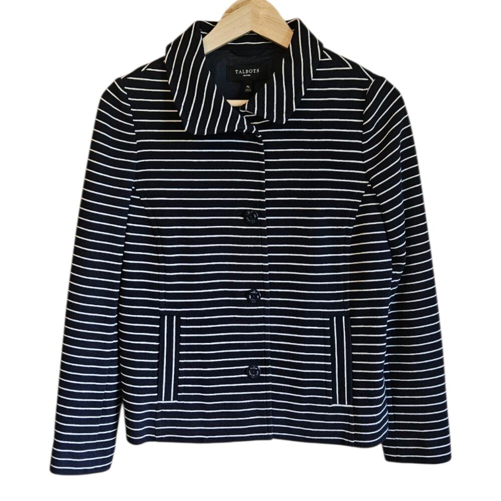 Talbots Medium Petites Navy Blue White Stripe Ribbed Knit Button Blazer Jacket